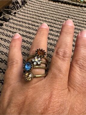 Vintage-Inspired Multi-Stone Stacked Ring with Blue, Amber & Crystal Accents